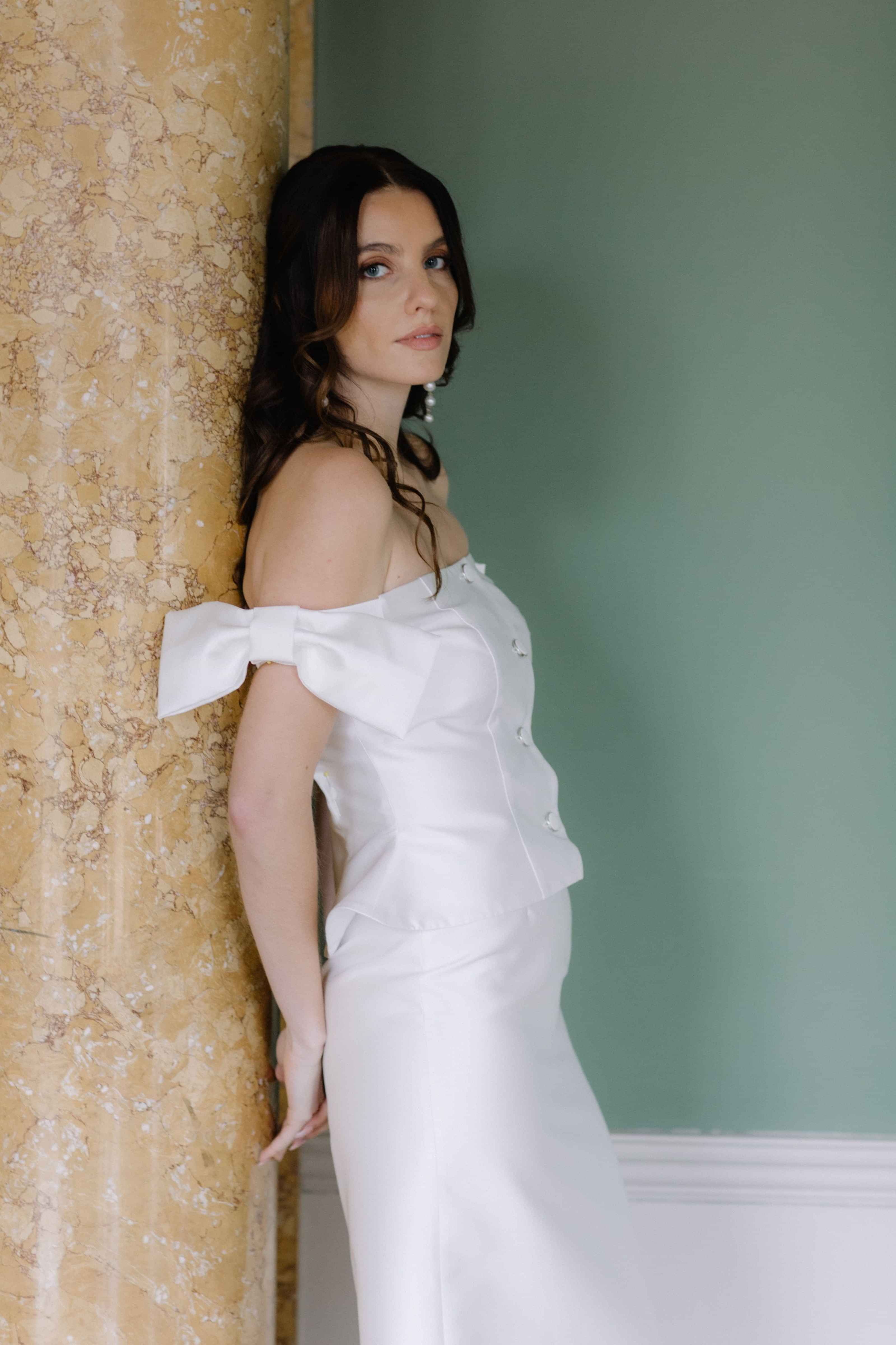 "Pre-wedding celebration outfit: bridal topper from Kate Edmondson separates collection"