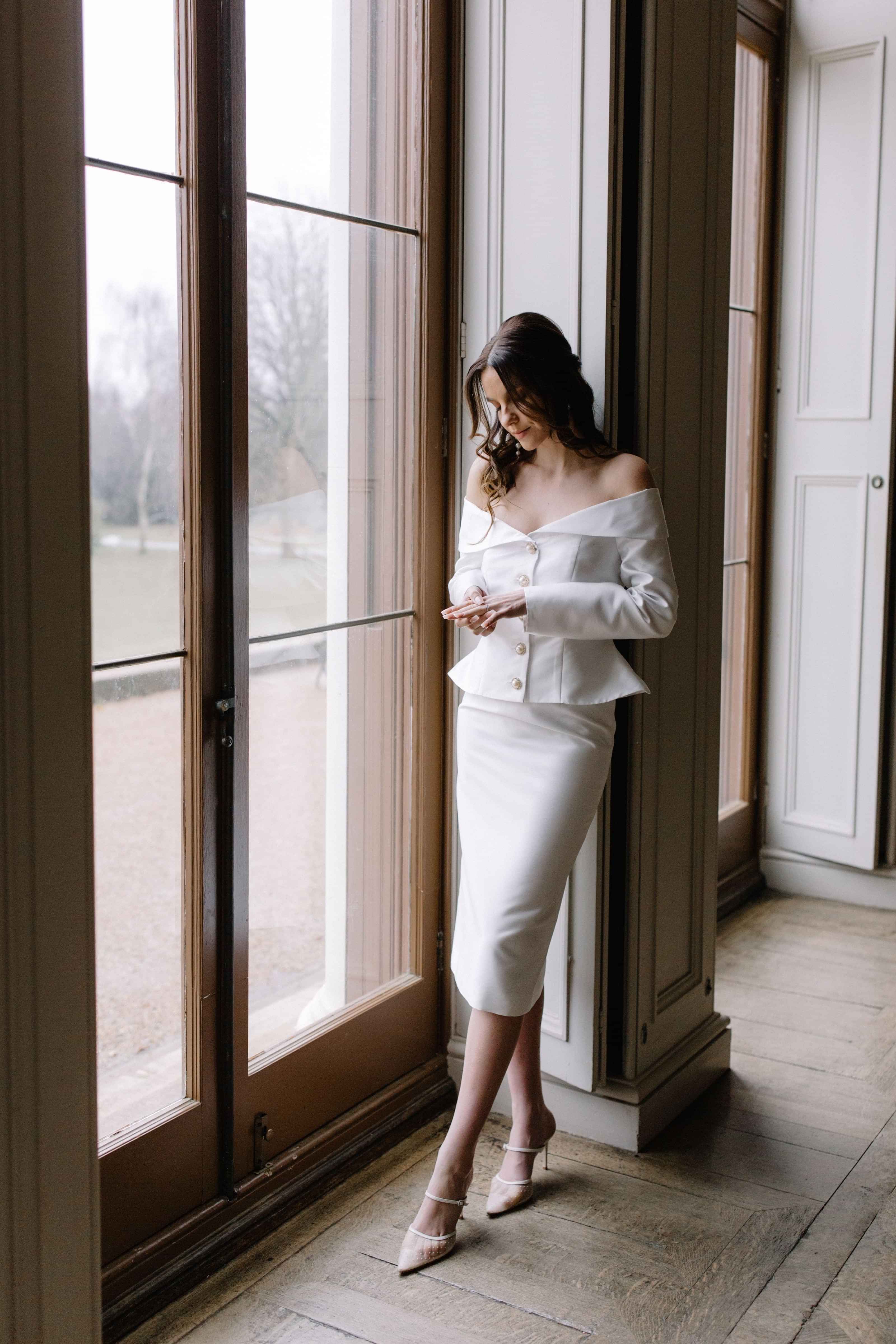 Two piece wedding outfit for the bride, Off-the -shoulder bridal Jacket, Bridal Skirt, Bridal separates UK,