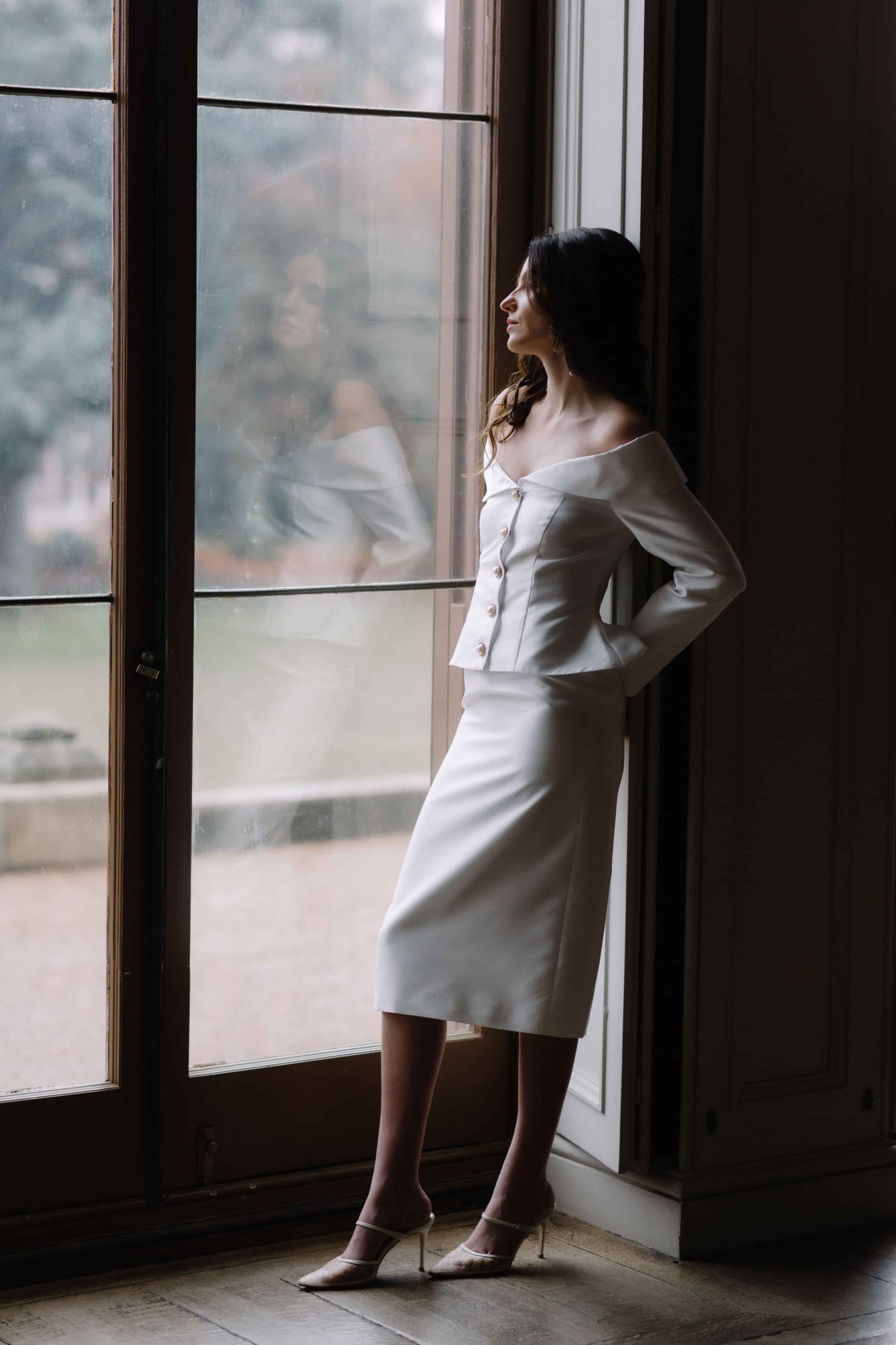 Off-the-shoulder bridal Jacket and skirt, Civil wedding attire, wedding outfit for the bride,