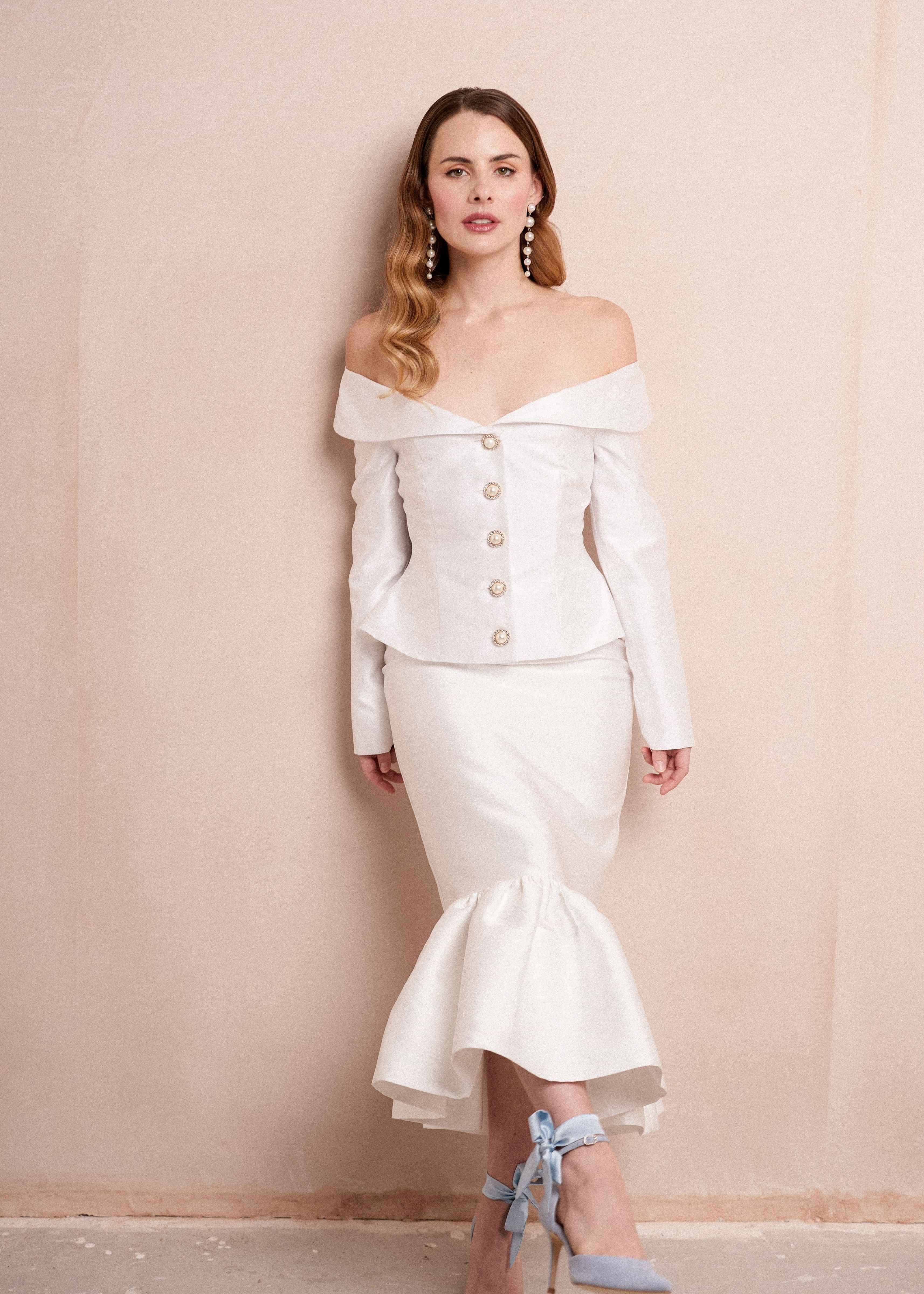 Off-the-shoulder Bridal Jacket and skirt, Bridal outfit for the bride, bridal separates UK, Bridal outfit, Modern bridalwear