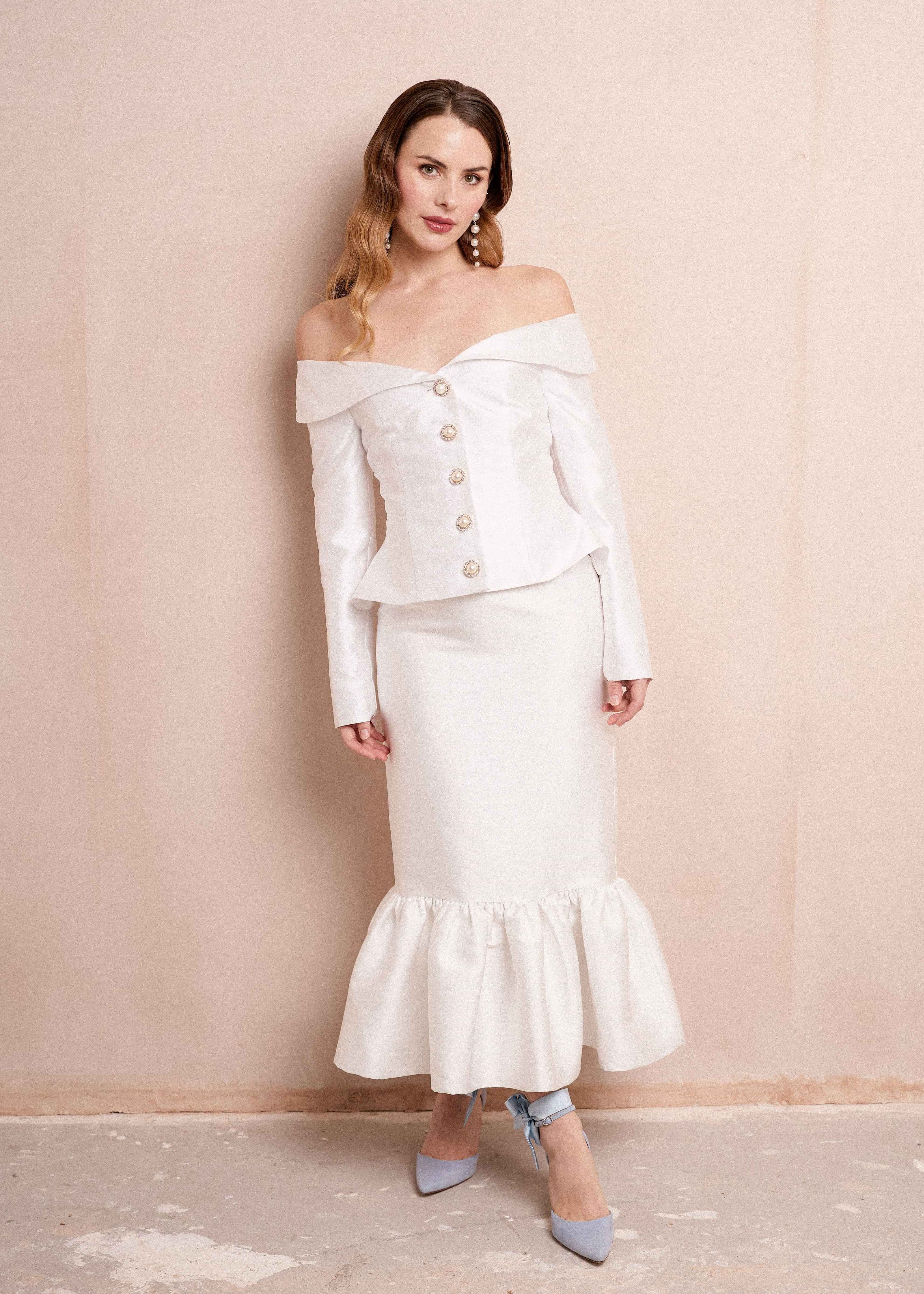 Off-the-shoulder bridal peplum jacket with pearl buttons, with mermaid midi skirt, ideal for intimate weddings , Bridal separates UK,