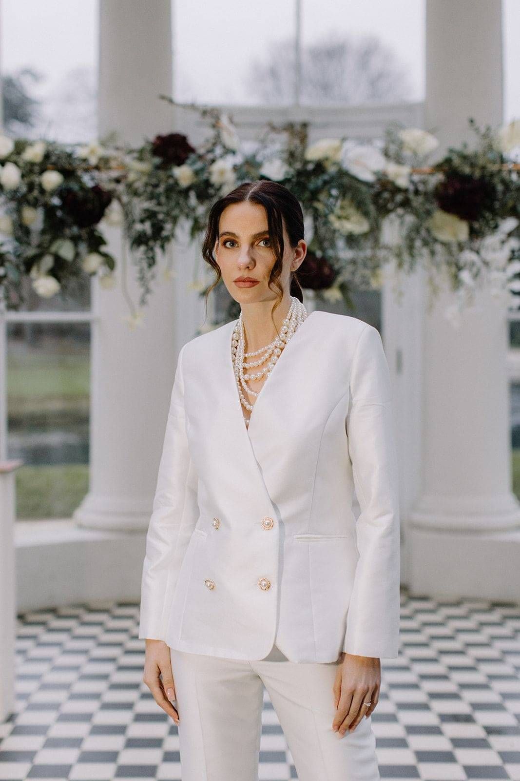 Bride wearing white double breasted suit jacket, Wedding suits for the bride, Custom made near me, Chiswick, Shepherds bush