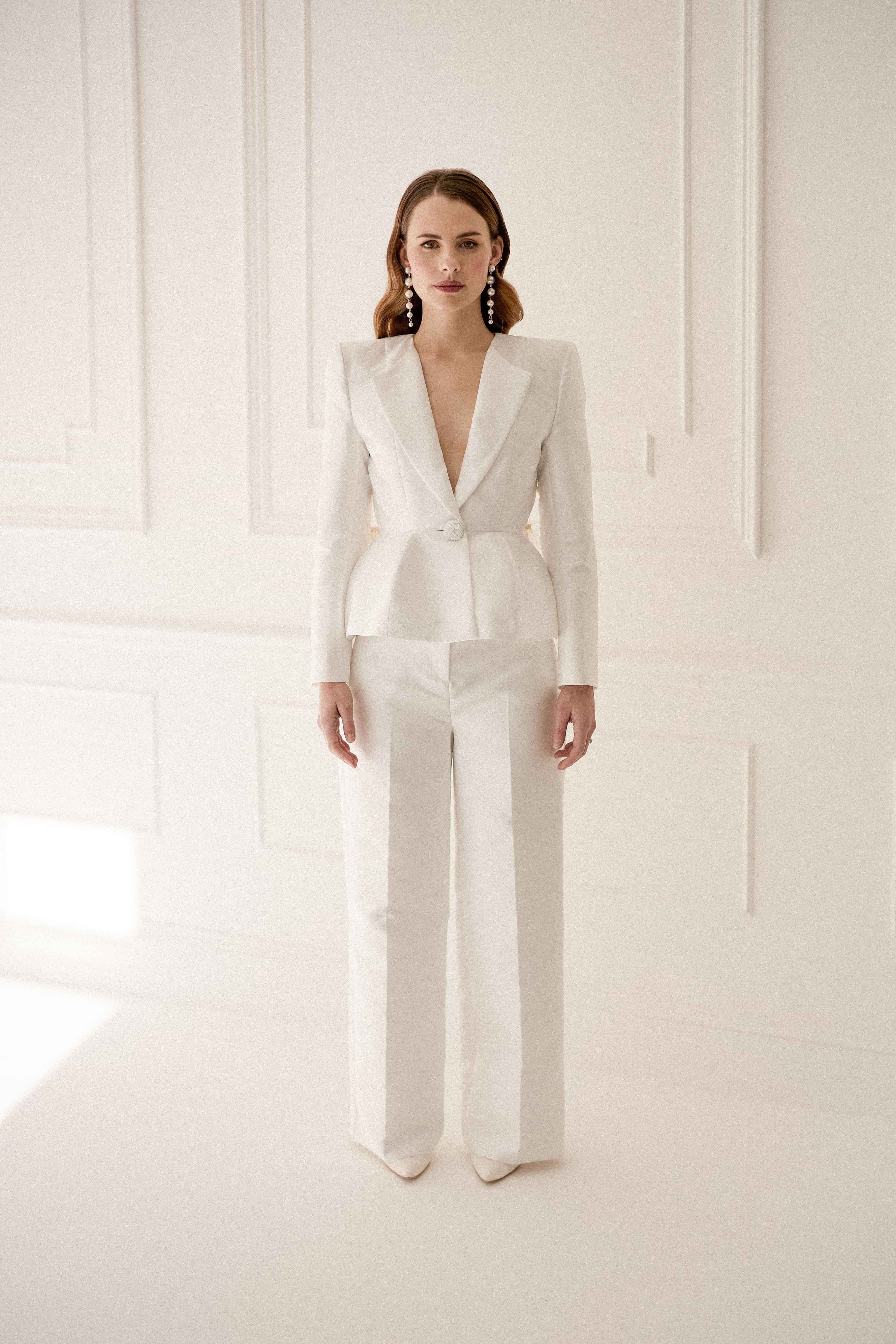 Luxury designer tailored suits for the bride, by Kate Edmondson www.kateedmondsonbridal.co.uk