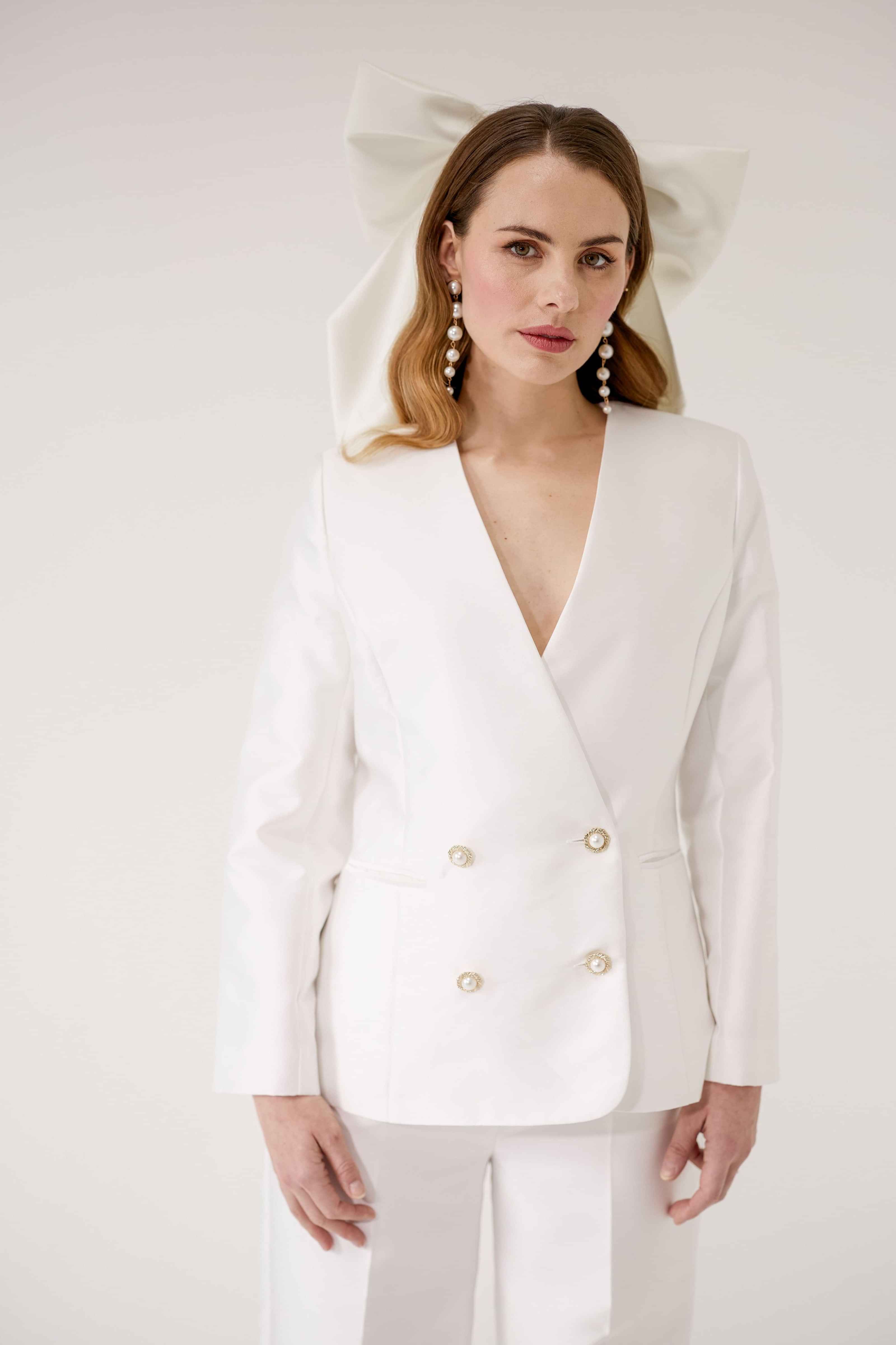 close up of double breasted tailored bridal jacket in silk Mikado,Luxury bridal suits, Bridal Jacket, Bridal tailored suits