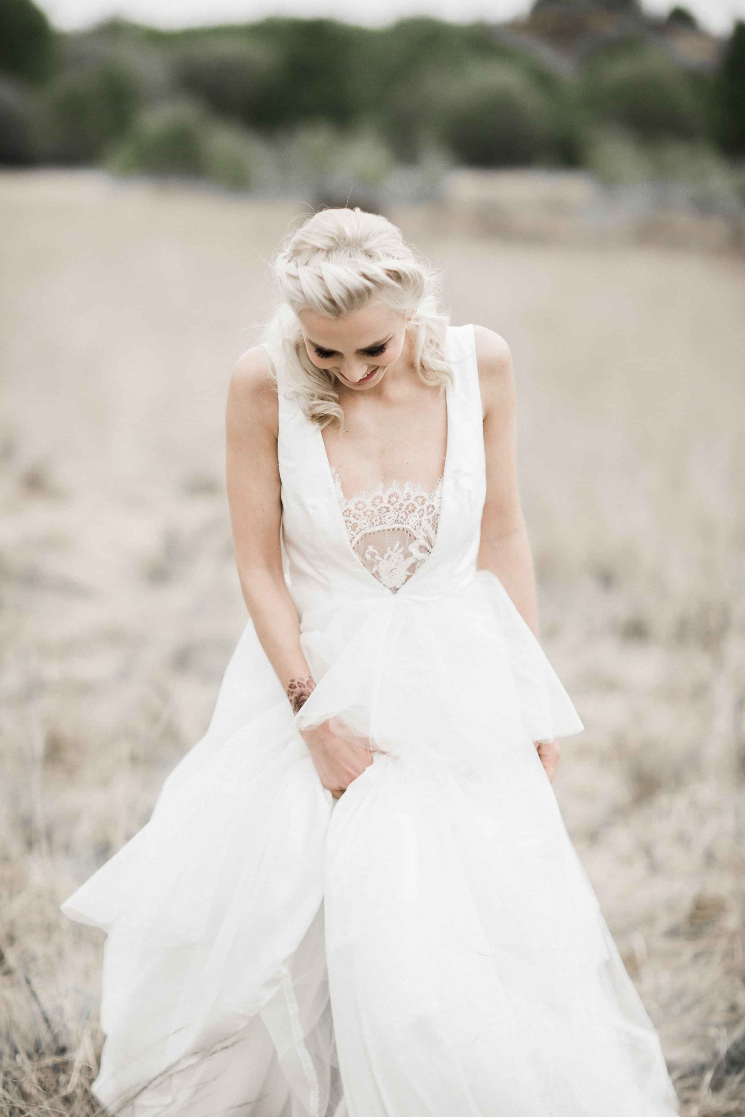 boho chic wedding dress, lace inset, layered skirts, bridal