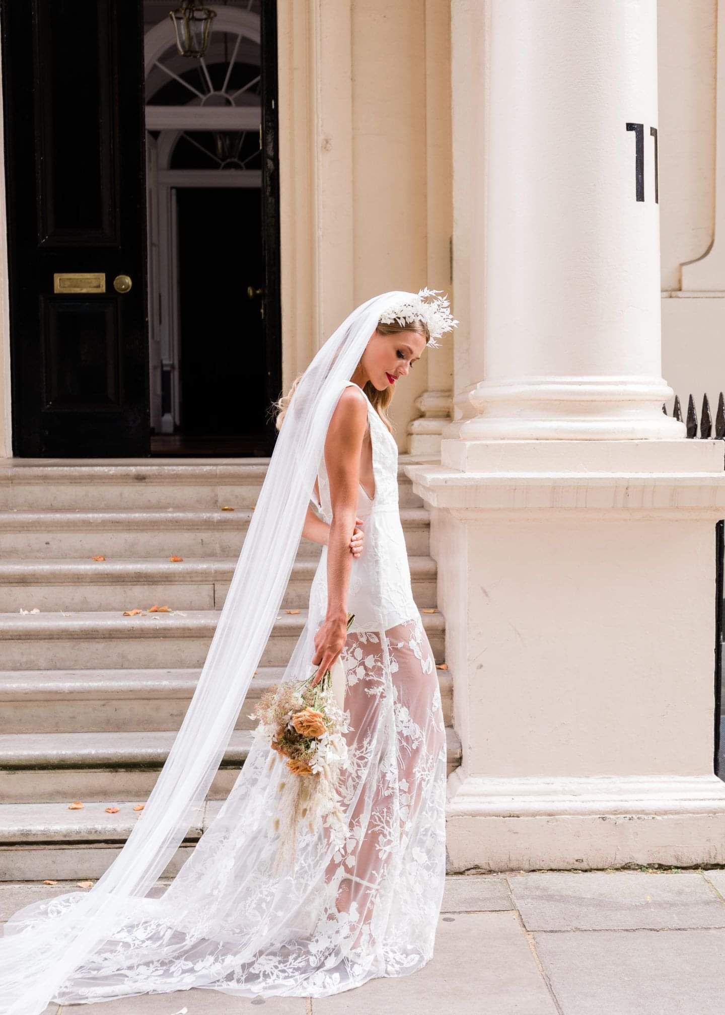 Bespoke wedding dresses UK, Sexy wedding dresses, Luxury bespoke wedding dresses London, tulle bridal gown outside Carlton Terrace House,