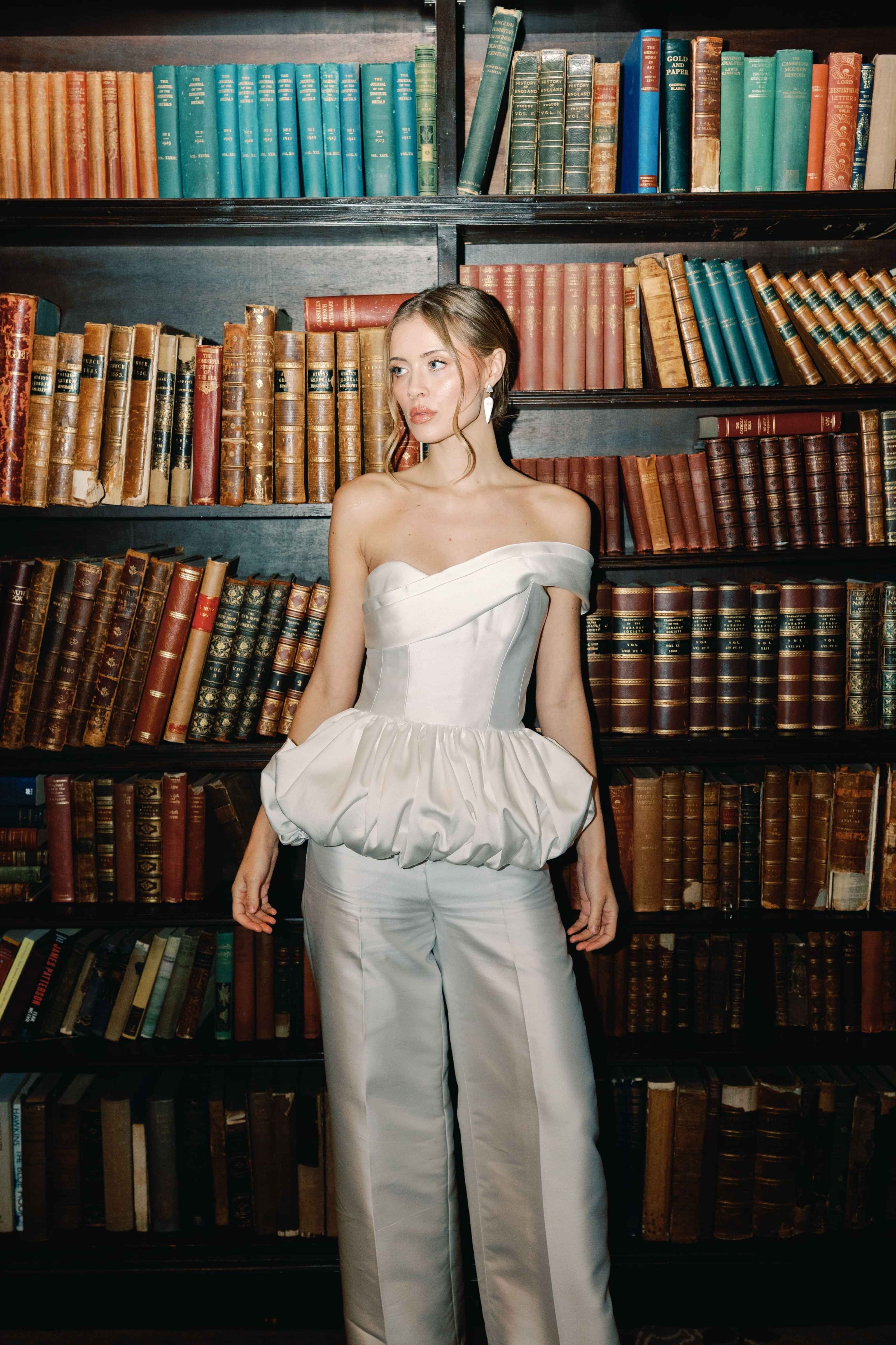 Chic bridal two piece outfit, Modern bridal separates, Wedding trousers, Bridal corset top