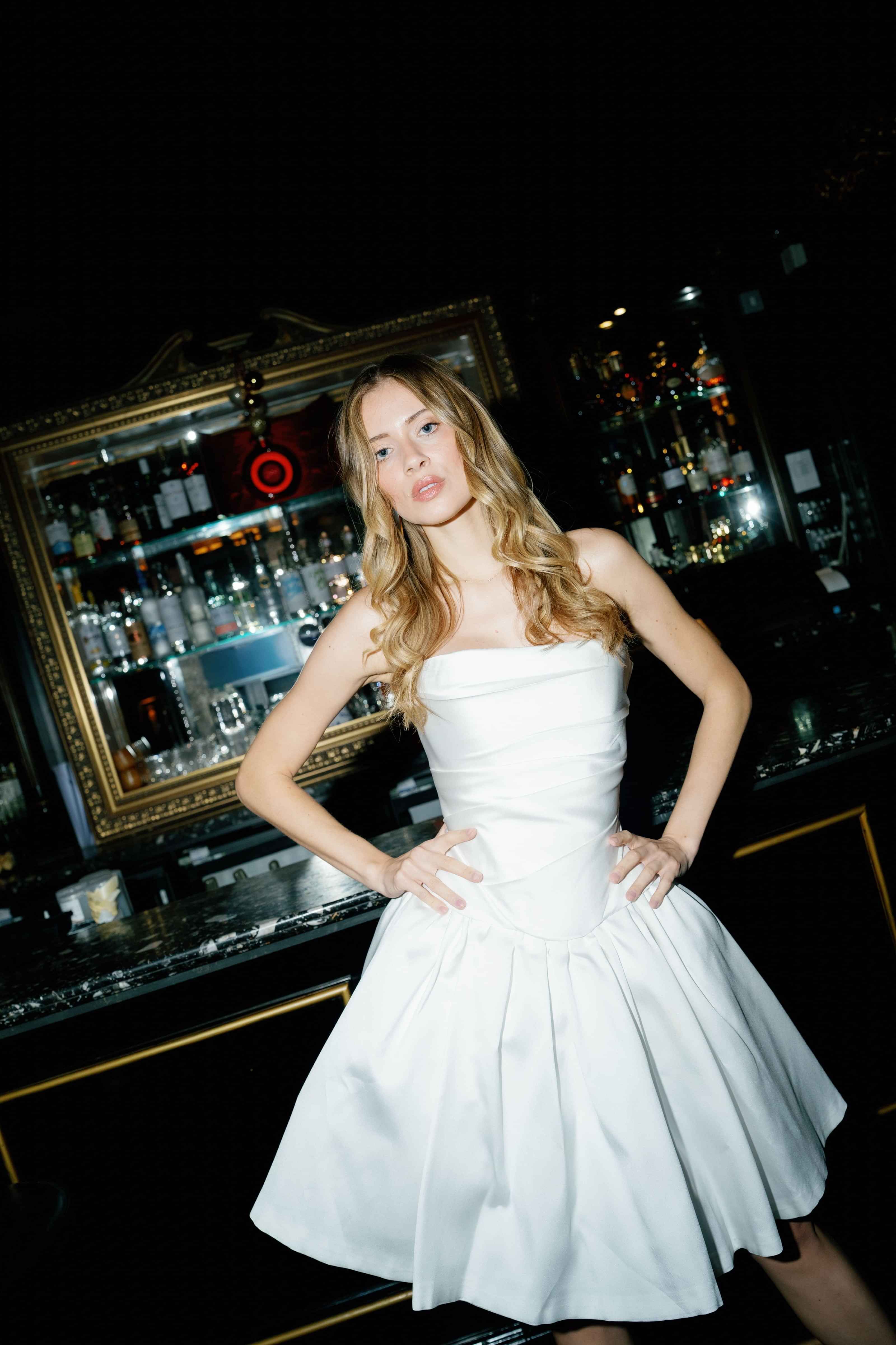 Strapless Corset and short gathered skirt, bridal afterparty look, Reception bridal looks, bridal separates UK