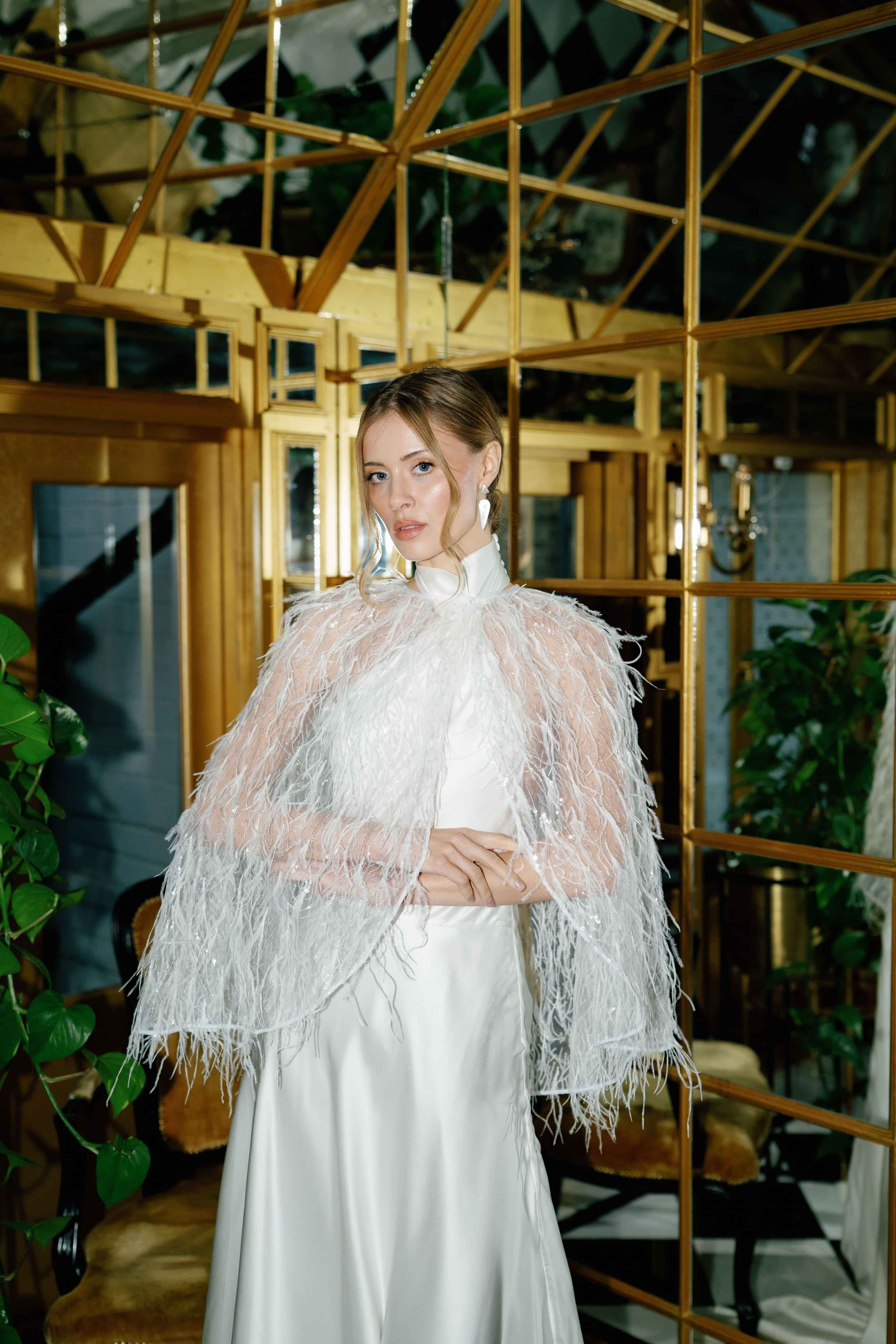 Bridal cape, feathered bridal cape, Custom made wedding dress, by Kate Edmondson