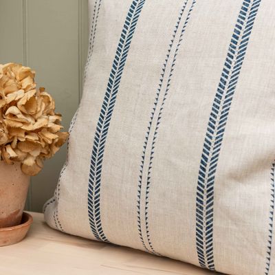 Slade stripe Inky sky on natural linen square cushion cover