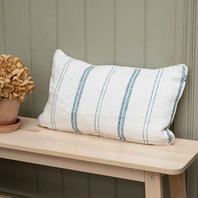 Slade Stripe Inky Sky on White Linen rectangle cushion cover