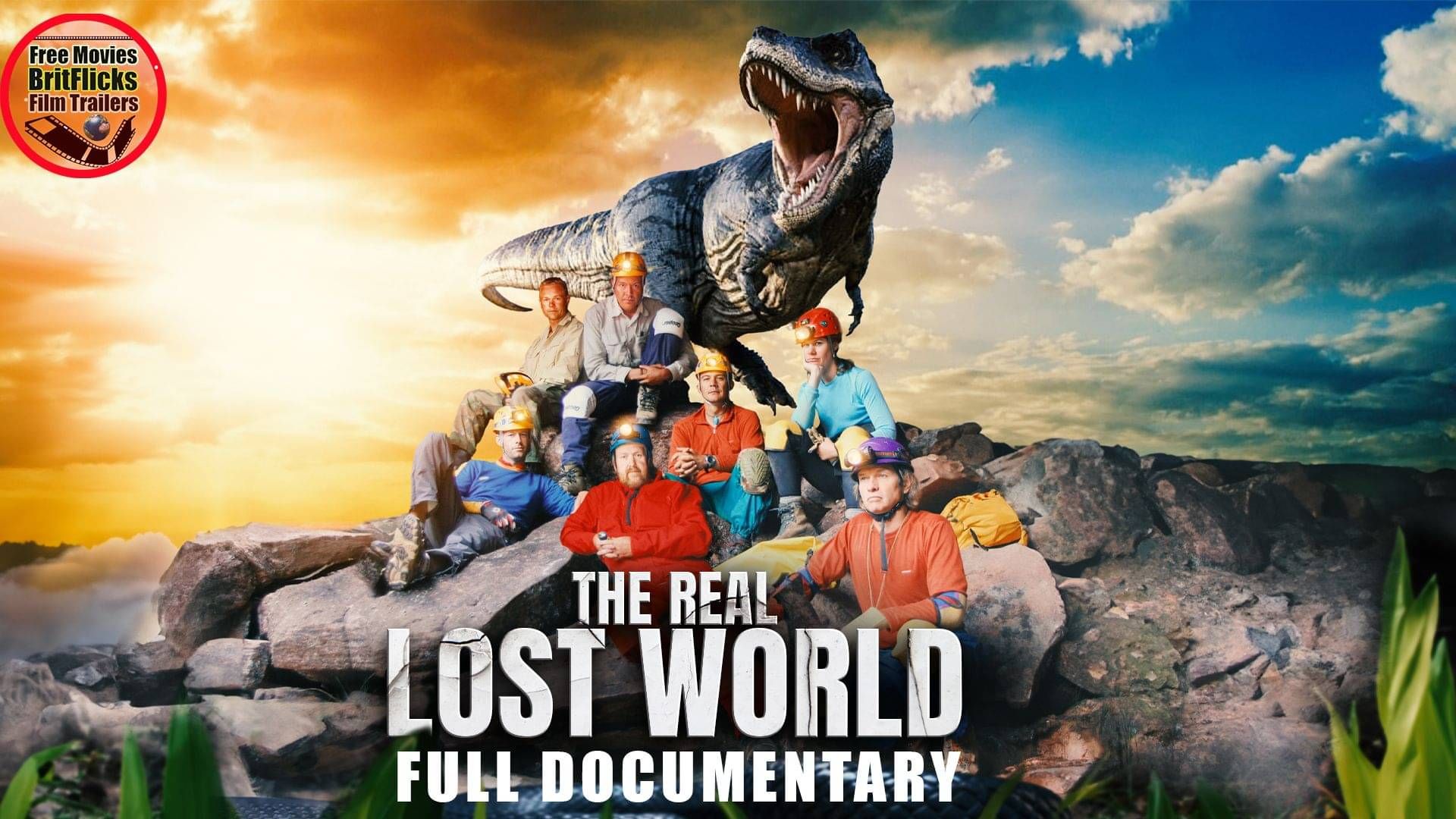 Poster of 'THE REAL LOST WORLD' documentary showing explorers on Roraima plateau, inspiration for Jurassic Park and The Lost World.