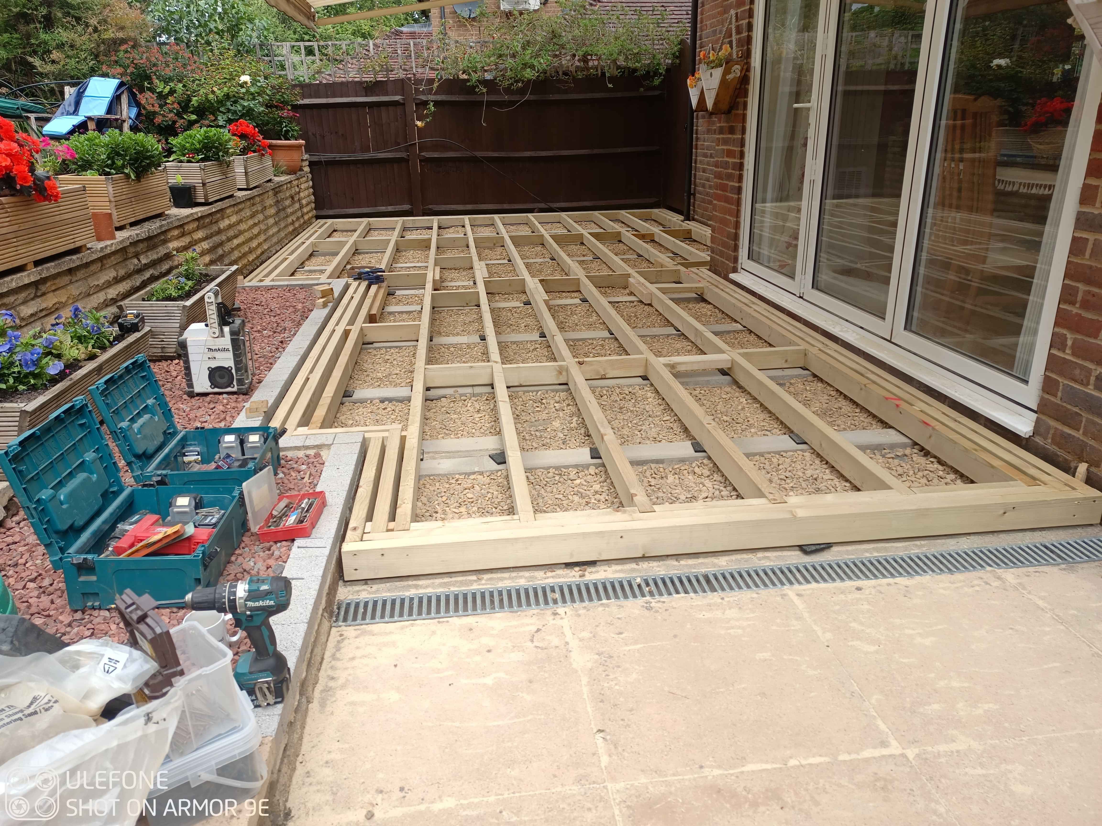 All the timber joists are now in place and fitted together. Ready for the decking tape to be applied.