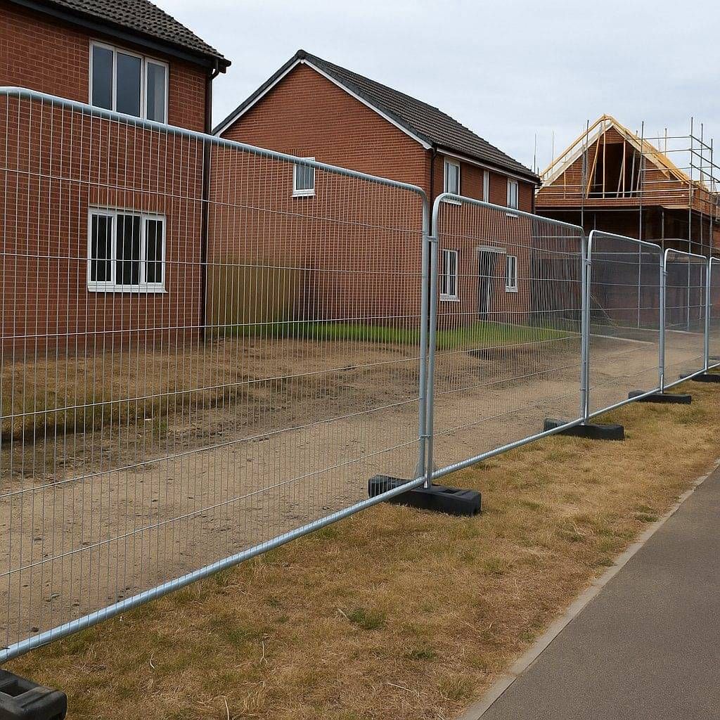 Galvanized Heras temporary fencing panels installed at a construction site in the North West