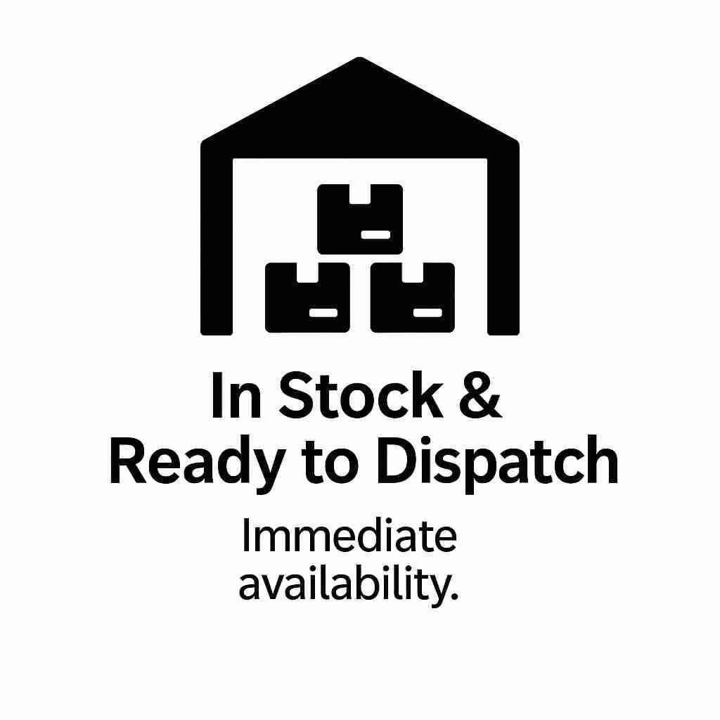 In stock temporary fencing icon showing warehouse and fast delivery availability message