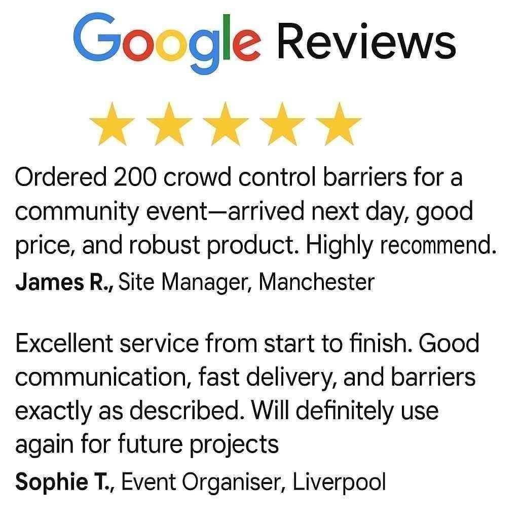 5 star Google reviews – Tempfence UK supplier of crowd control barriers, pedestrian barriers and temporary fencing Liverpool