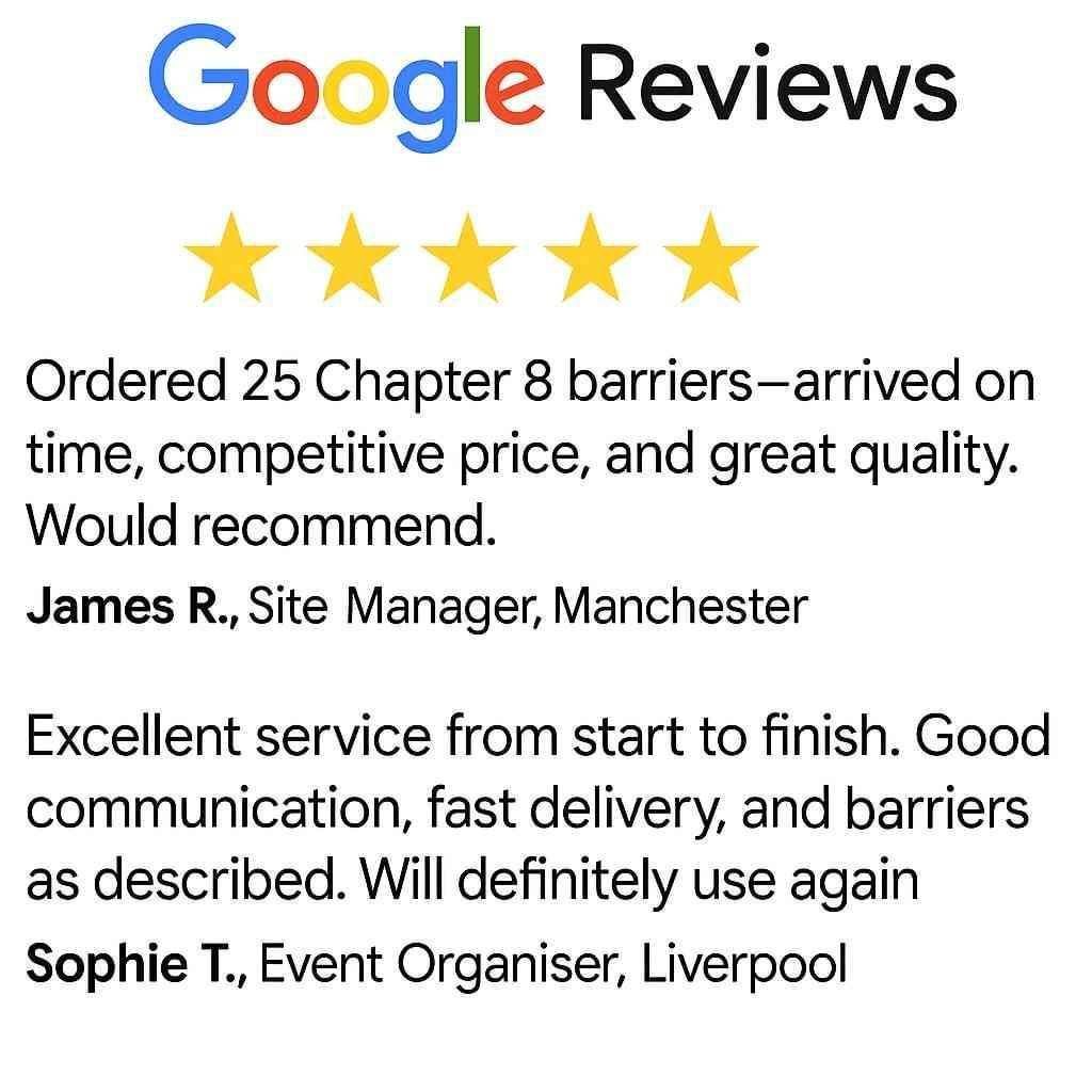 Tempfence UK Google customer reviews highlighting quality chapter 8 road barriers, fast delivery, and great service 