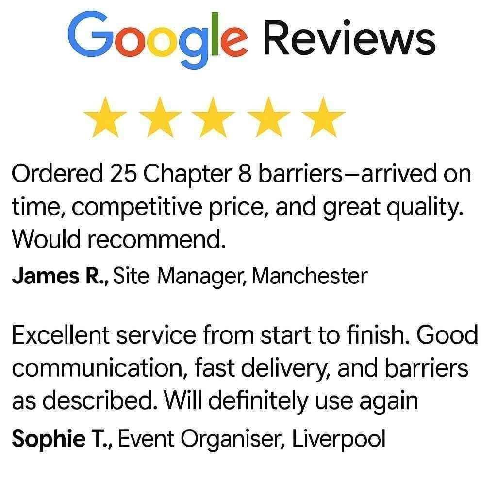 Tempfence UK Google customer reviews highlighting quality chapter 8 road barriers, fast delivery, and great service 