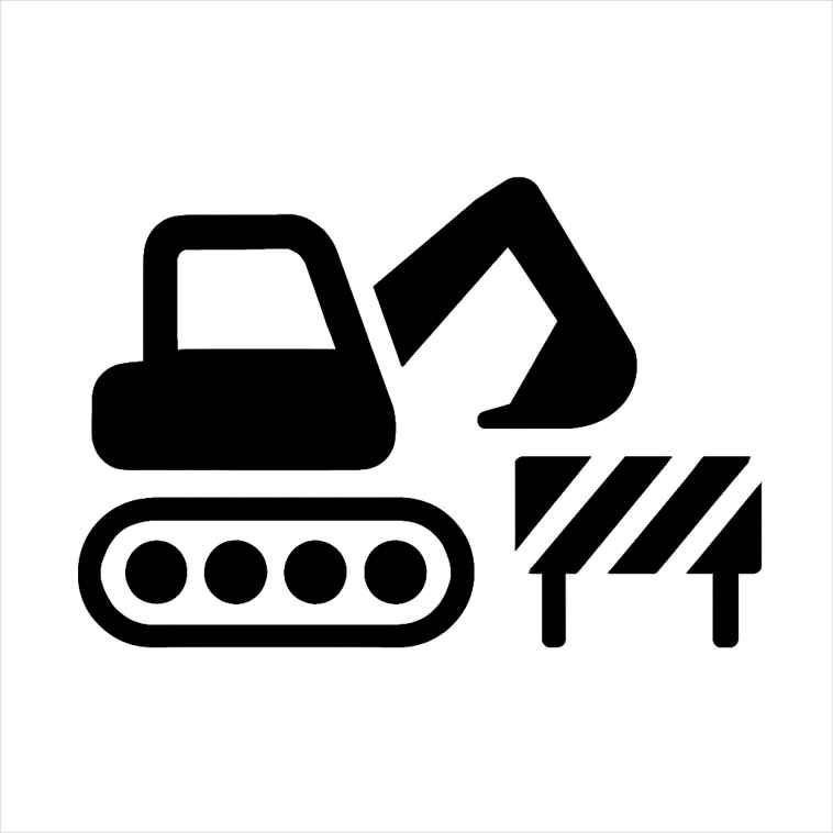 Black and white excavator and roadworks barrier icon symbolising civil engineering firms – Tempfence UK Heras fencing panels
