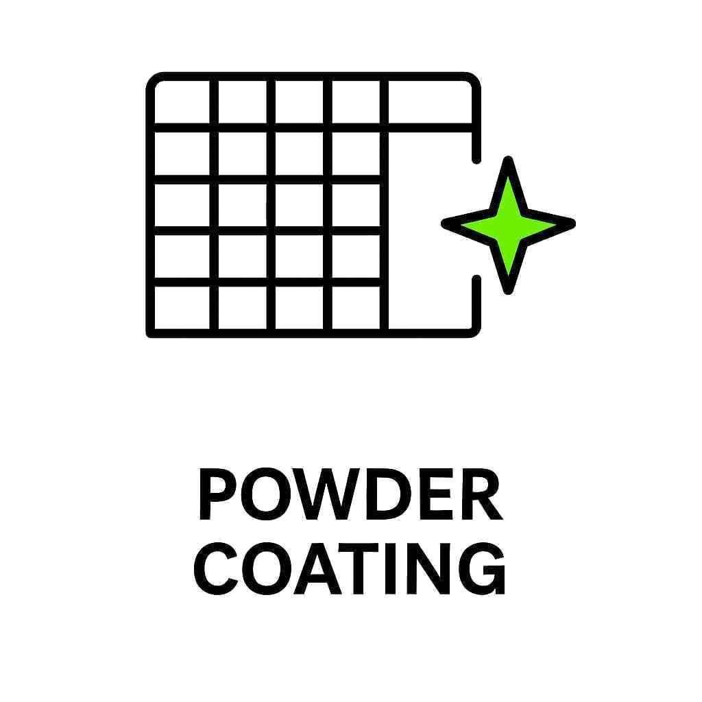 Powder Coating icon – Heras fencing panel with bright green sparkle star showing durable coated finish, Tempfence UK