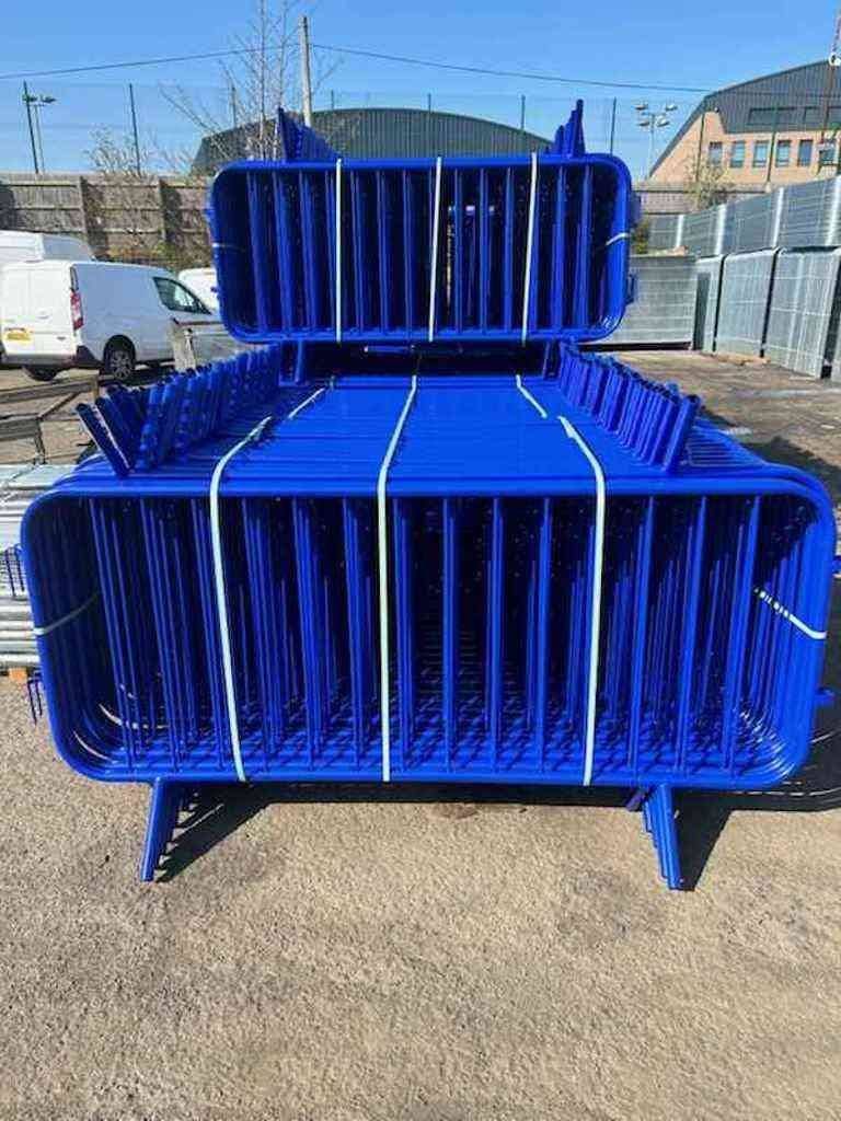 Powder-coated blue crowd control barriers – durable galvanised steel barriers finished in RAL colours