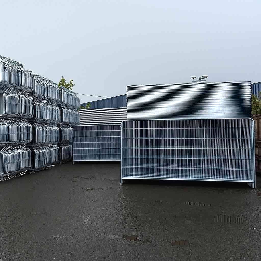Galvanised temporary fencing panels and crowd control barriers stacked in Tempfence UK yard, heavy-duty steel ready for nationwide delivery