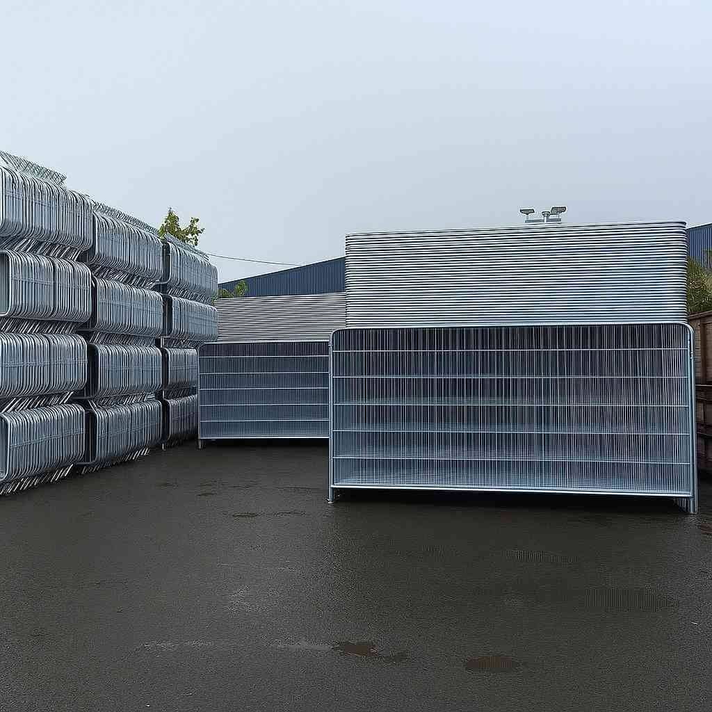 Temporary fencing Liverpool – galvanised Heras panels in storage yard supplied by Tempfence UK