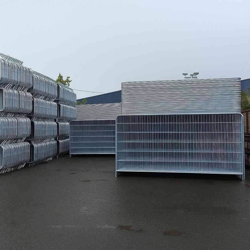 Temporary fencing Salford – galvanised Heras panels in storage yard supplied by Tempfence UK