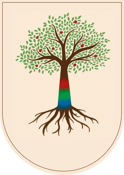 A drawing of a tree with with green leaves, red fruit and the trunk has blue, red and green colours